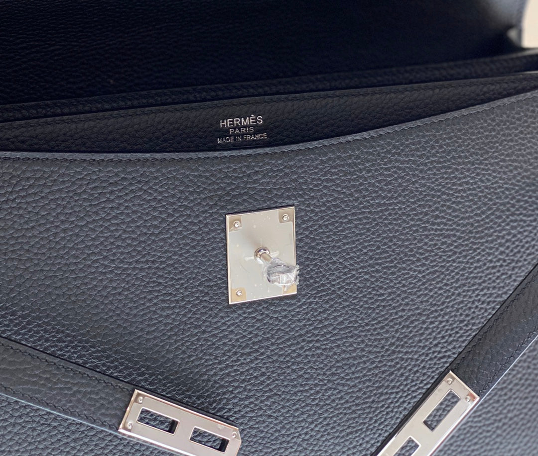 HERMES KELLY DEPECHES 34 BRIEFCASE IN BLACK TOGO CALFSKIN SILVER HARDWARE
