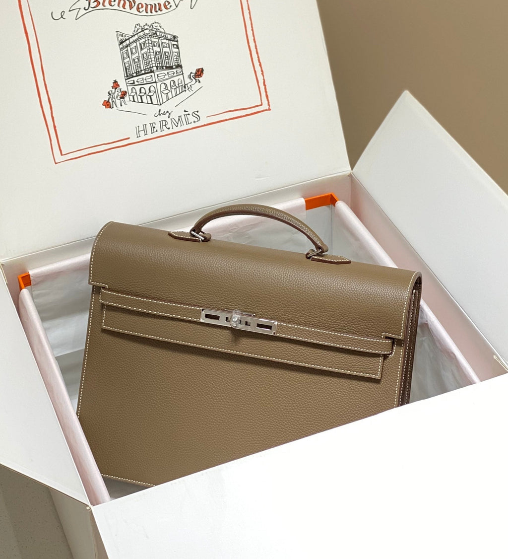 HERMES KELLY DEPECHES 38 BRIEFCASE IN ETOUPE TOGO CALFSKIN SILVER HARDWARE