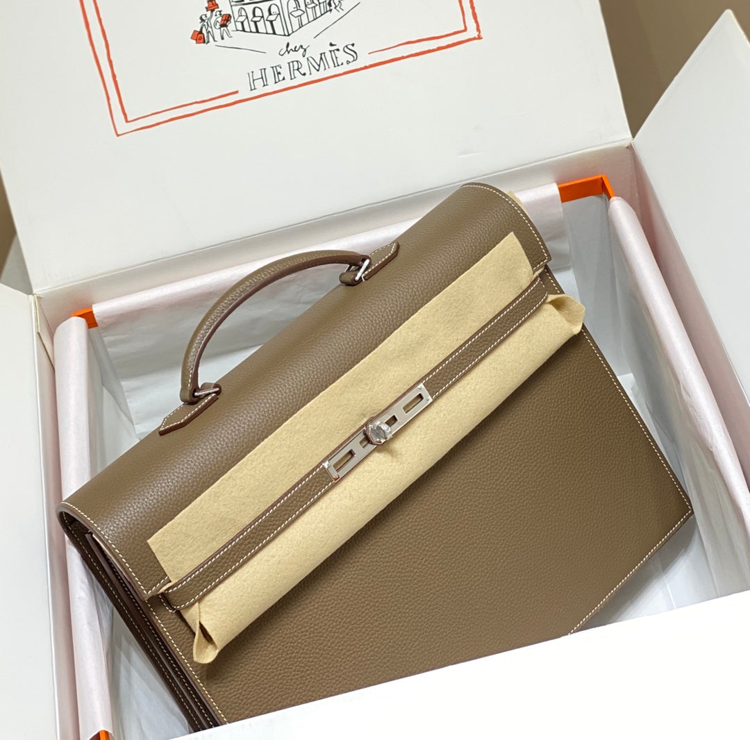 HERMES KELLY DEPECHES 38 BRIEFCASE IN ETOUPE TOGO CALFSKIN SILVER HARDWARE