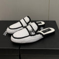 CHANEL HALF-MULES IN WHITE MIX BLACK WOOL WOVEN