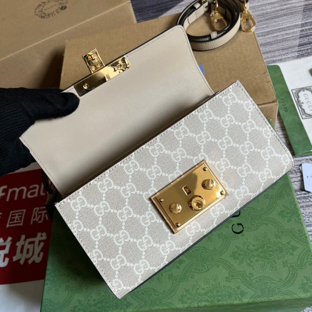GUCCI PADLOCK 22 SMALL  SHOULDER BAG IN BEIGE CALFSKIN AND CANVAS