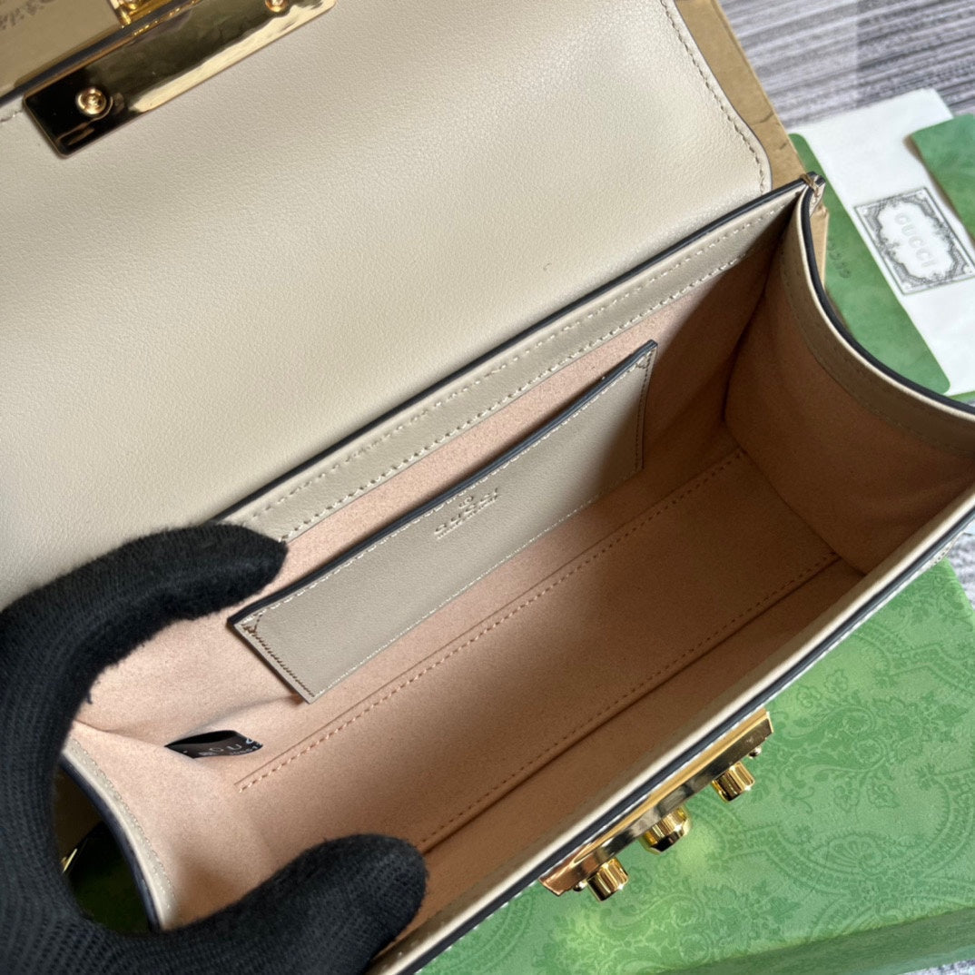 GUCCI PADLOCK 22 SMALL  SHOULDER BAG IN BEIGE CALFSKIN AND CANVAS