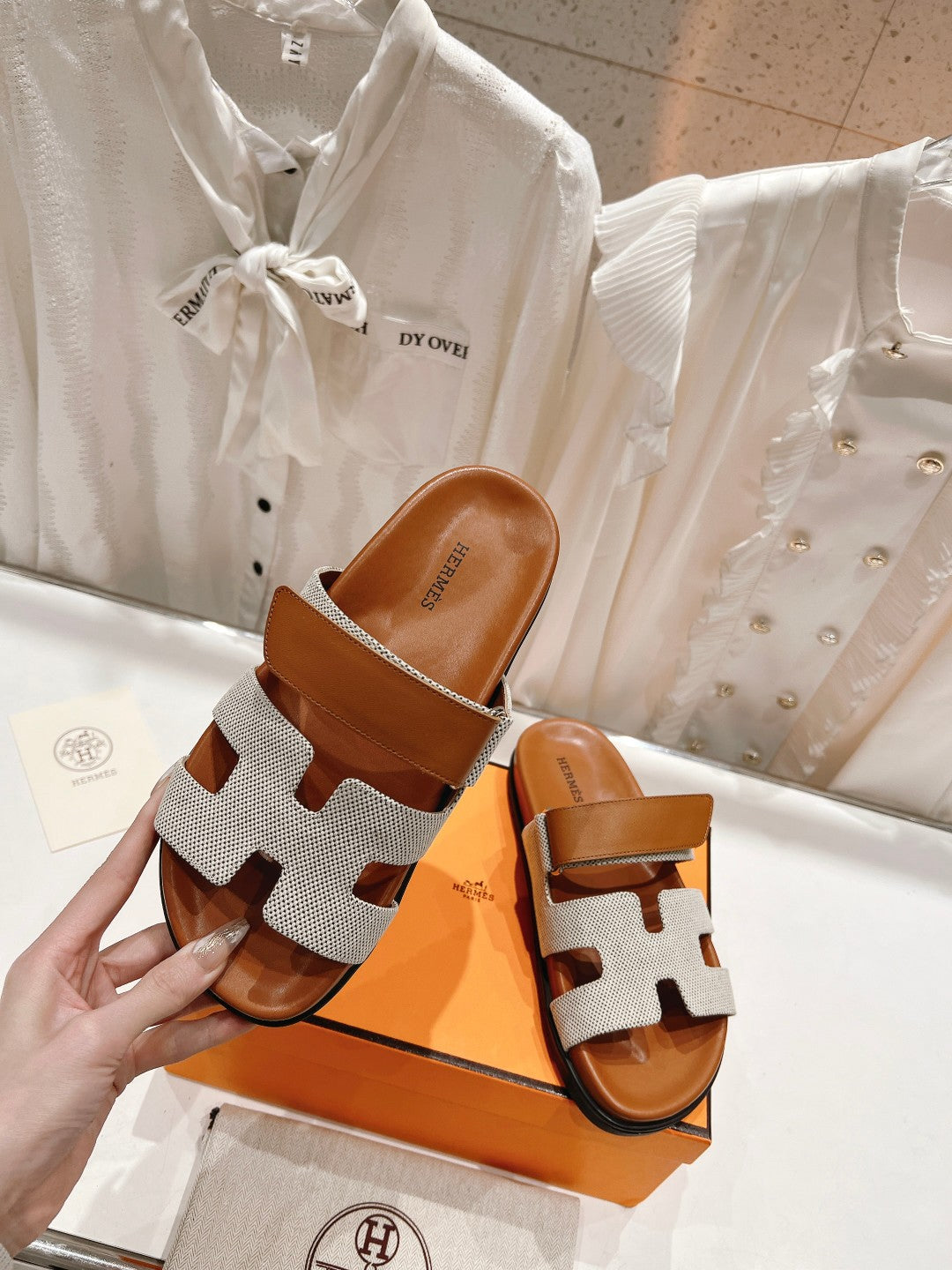 HERMES CHYPRE SANDAL BRIGHT BROWN LAMBSKIN AND SILVER DENIM