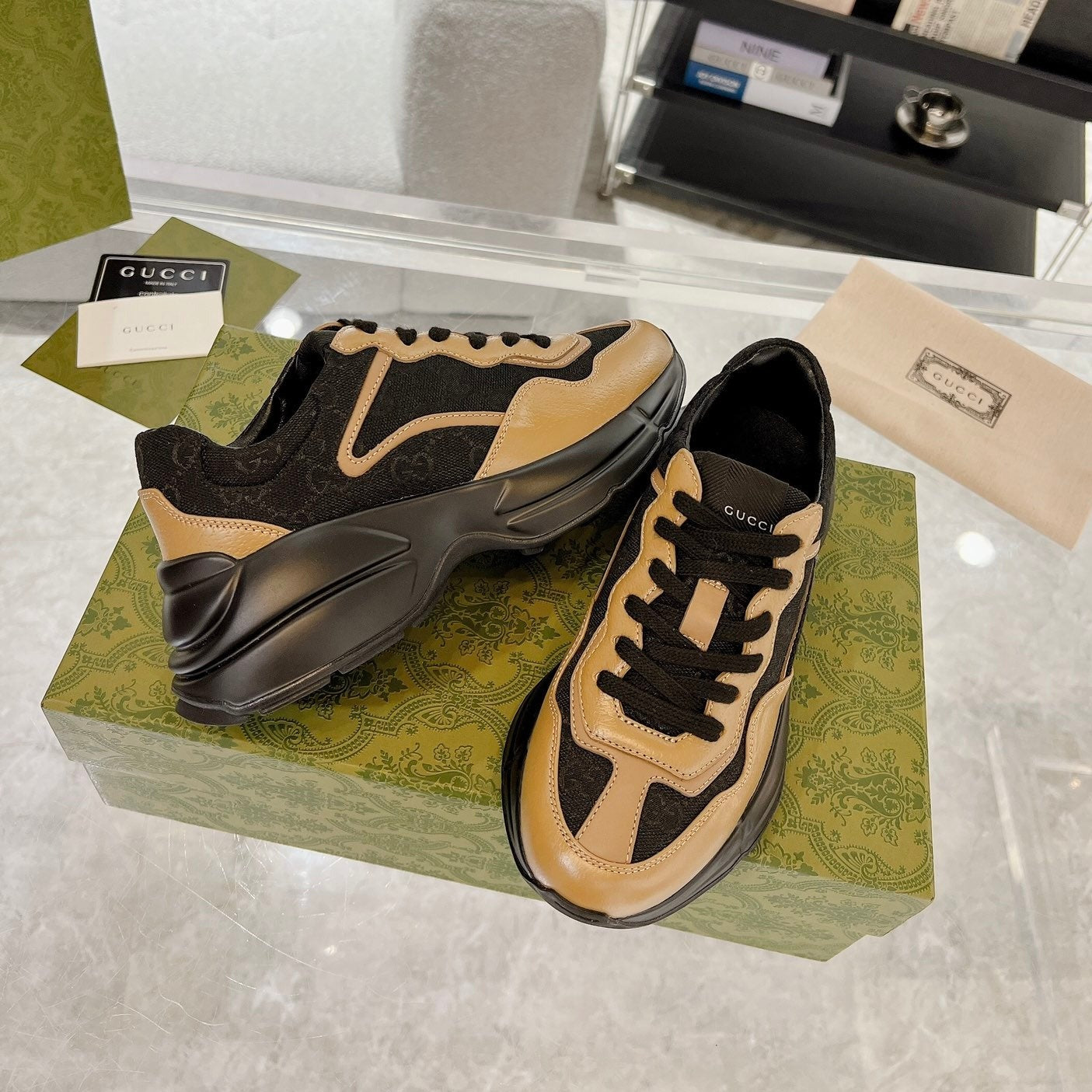 GUCCI 100 RHYTON SNEAKER Black Caramel Brown