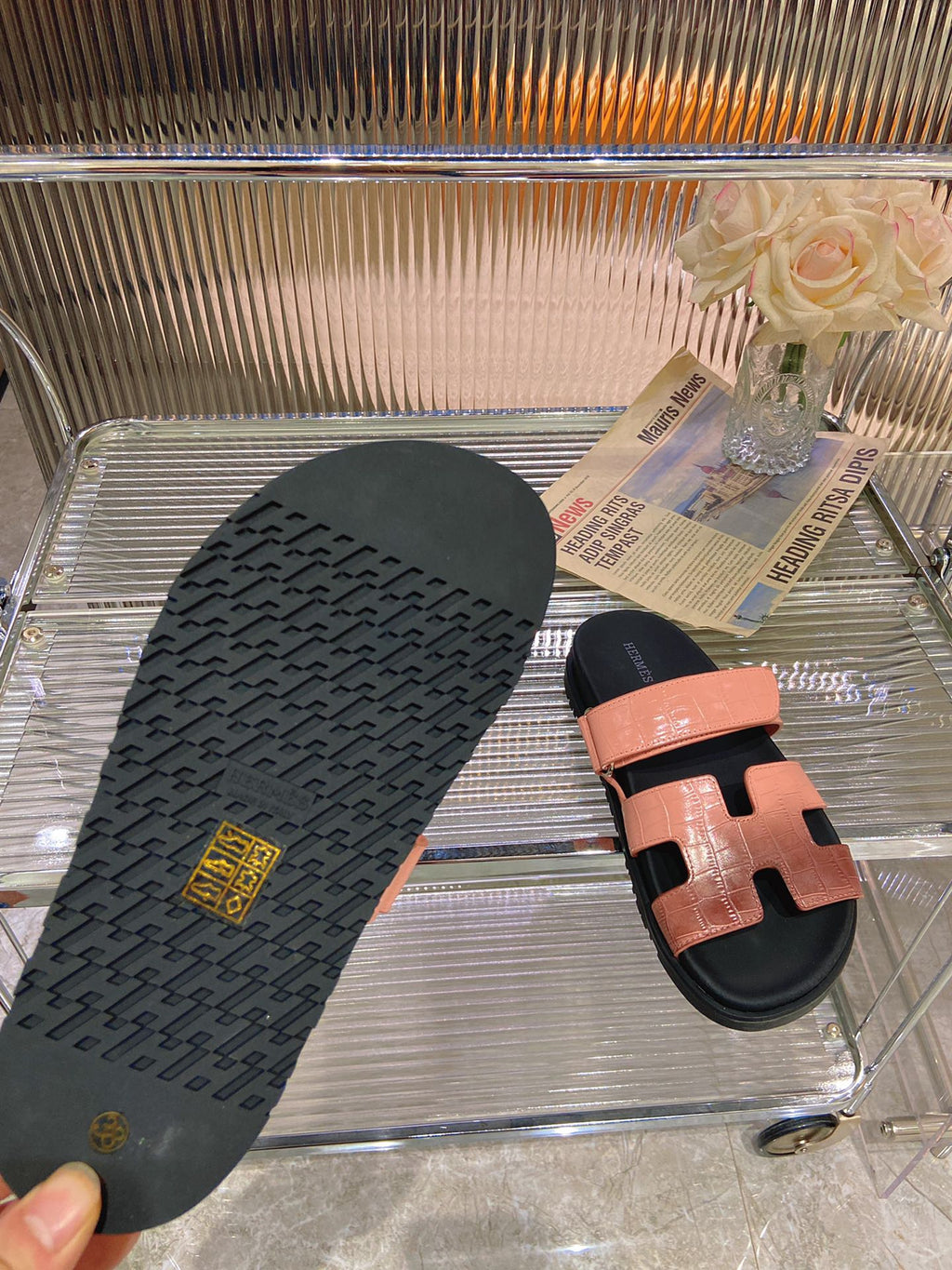 HERMES CHYPRE SANDAL OMBRE LIGHT PINK BROWN CALFSKIN