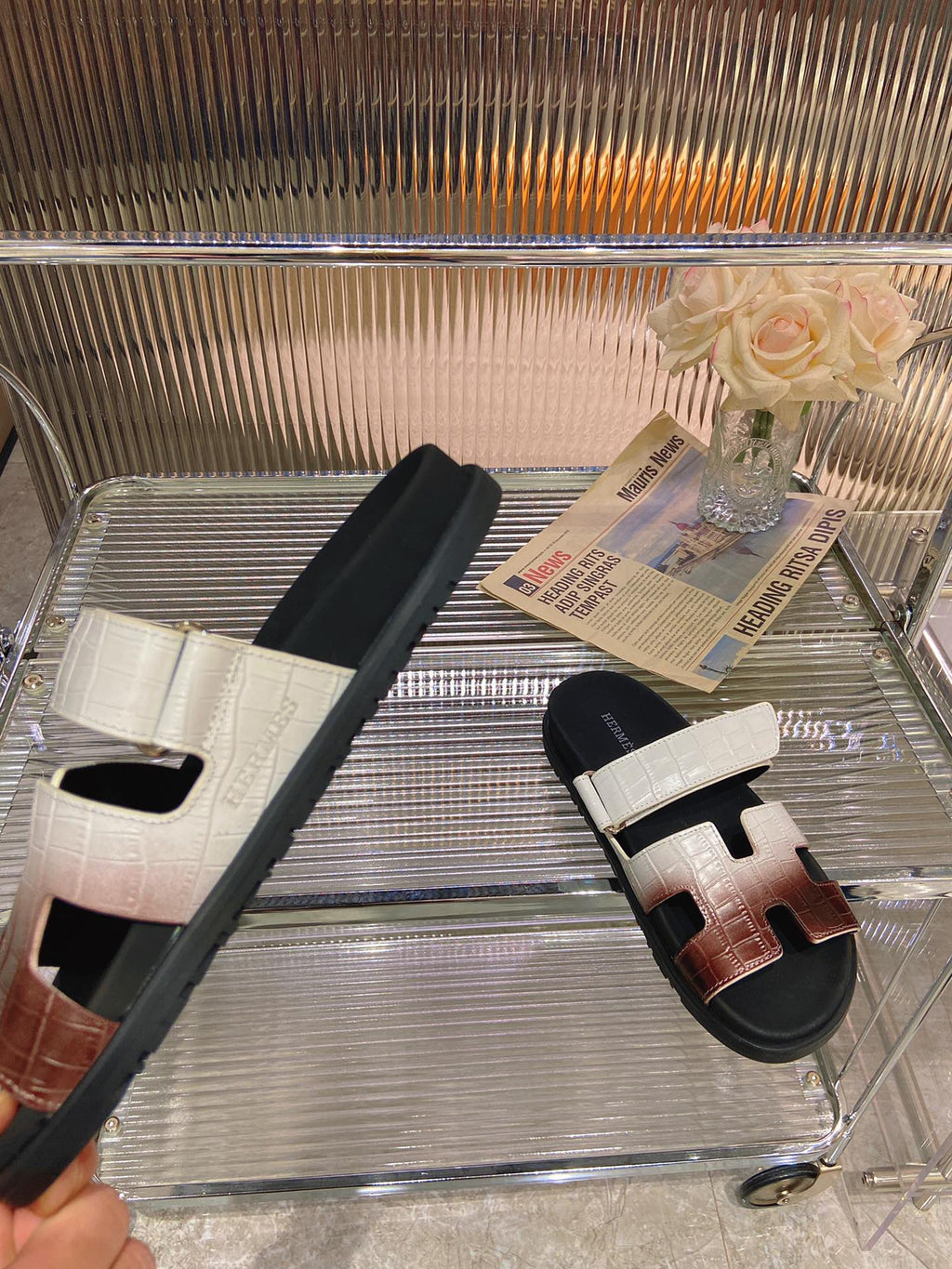 HERMES CHYPRE SANDAL OMBRE WHITE BROWN CALFSKIN