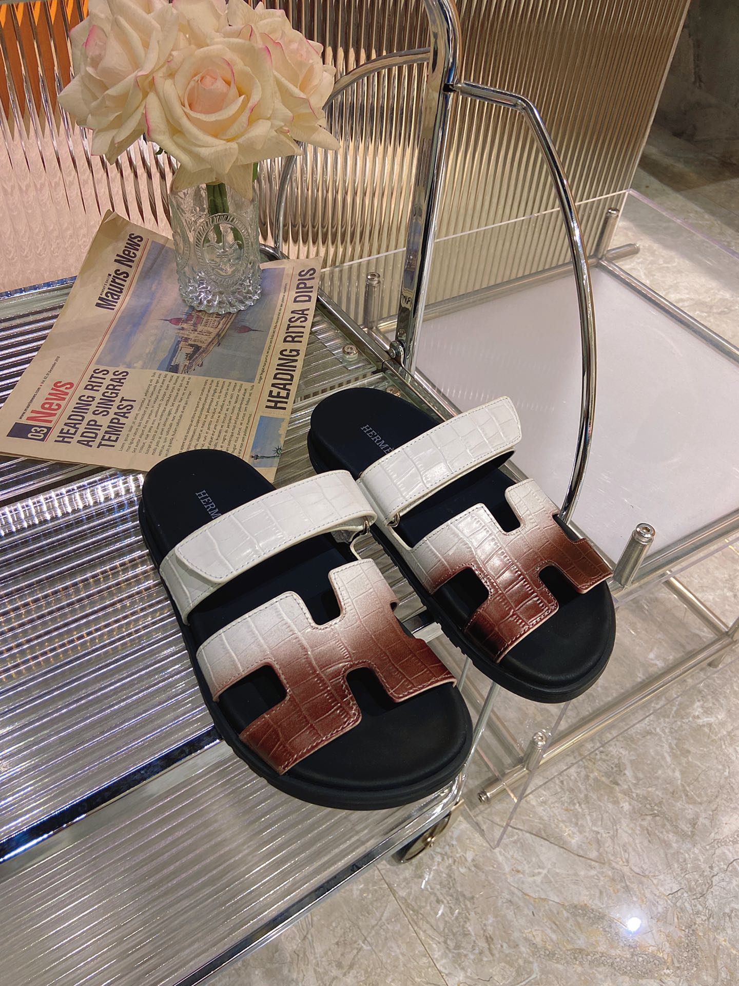HERMES CHYPRE SANDAL OMBRE WHITE BROWN CALFSKIN