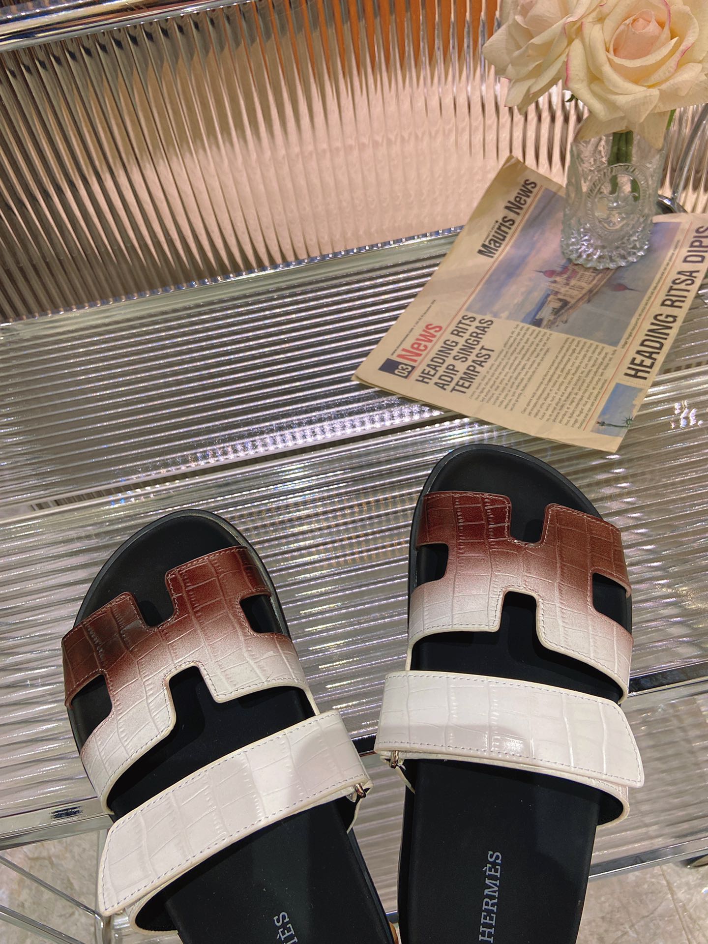 HERMES CHYPRE SANDAL OMBRE WHITE BROWN CALFSKIN