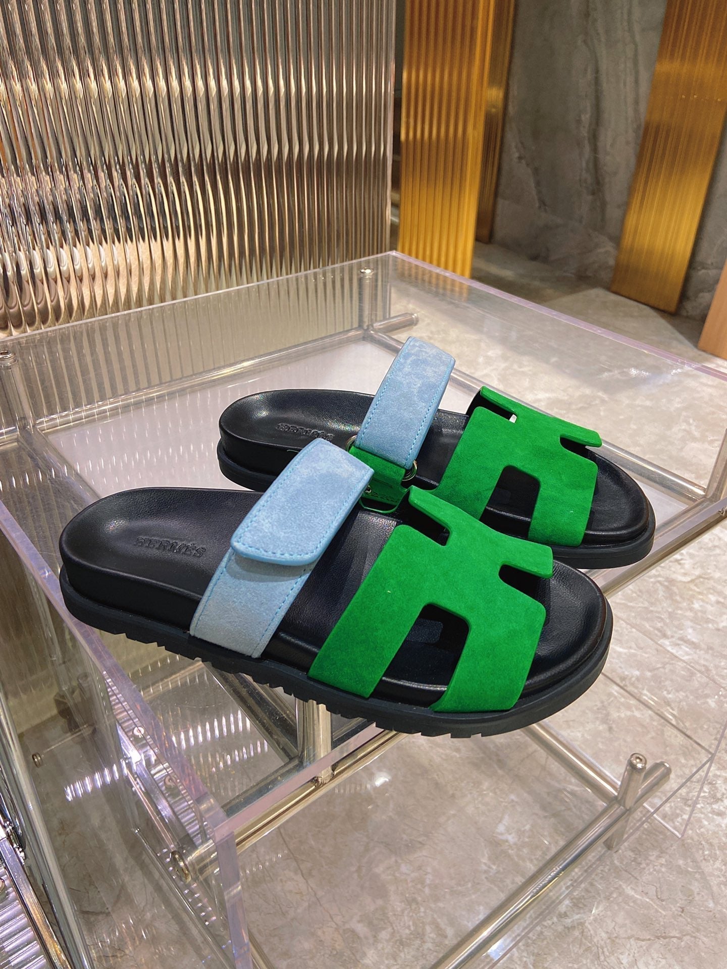 HERMES CHYPRE SANDAL GREEN MIX BLUE SUEDE