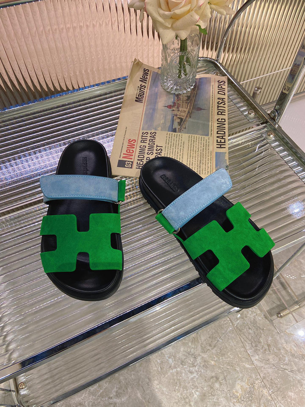 HERMES CHYPRE SANDAL GREEN MIX BLUE SUEDE