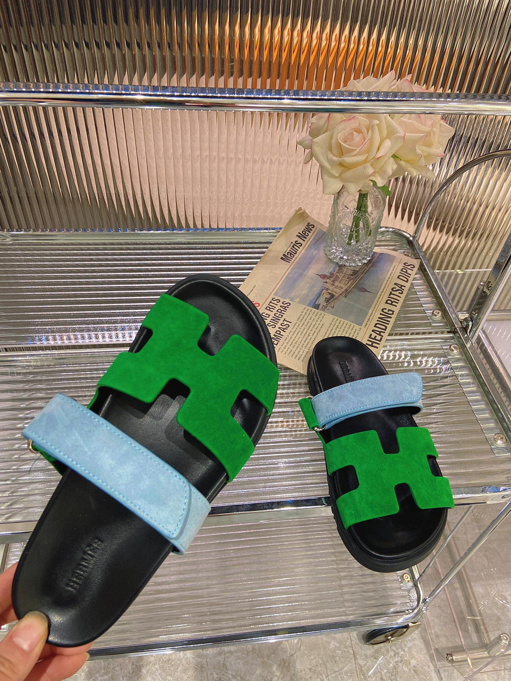 HERMES CHYPRE SANDAL GREEN MIX BLUE SUEDE
