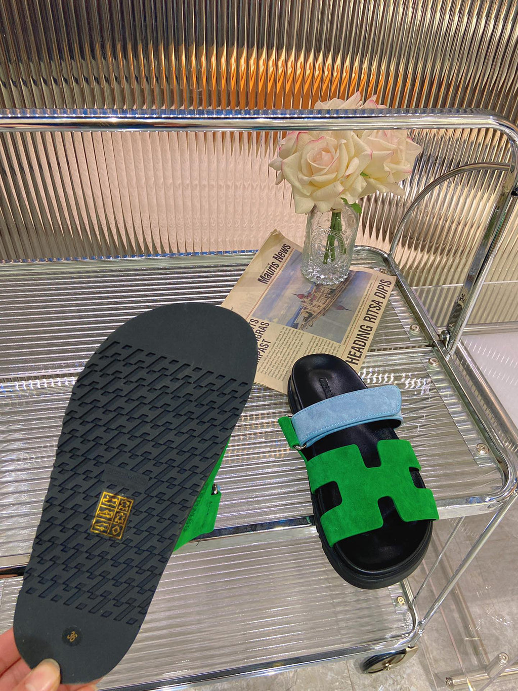 HERMES CHYPRE SANDAL GREEN MIX BLUE SUEDE