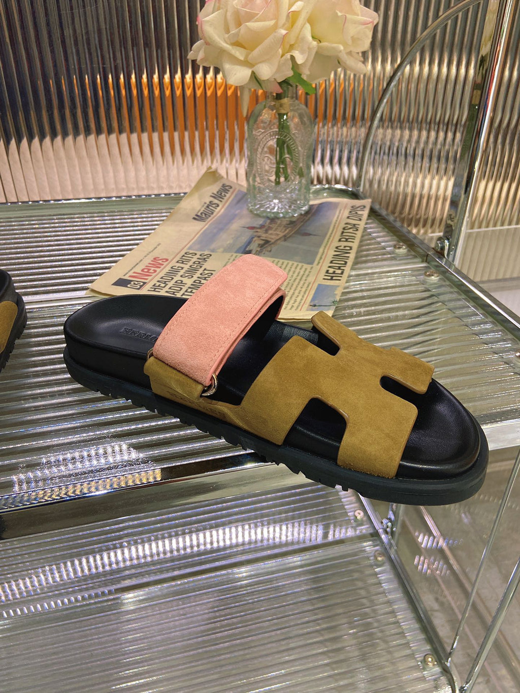 HERMES CHYPRE SANDAL ARMY MIX LIGHT PINK SUEDE