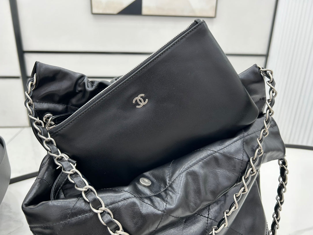 CHANEL MEDIUM 37 HANDBAG IN BLACK CALFSKIN SILVER HARDWARE