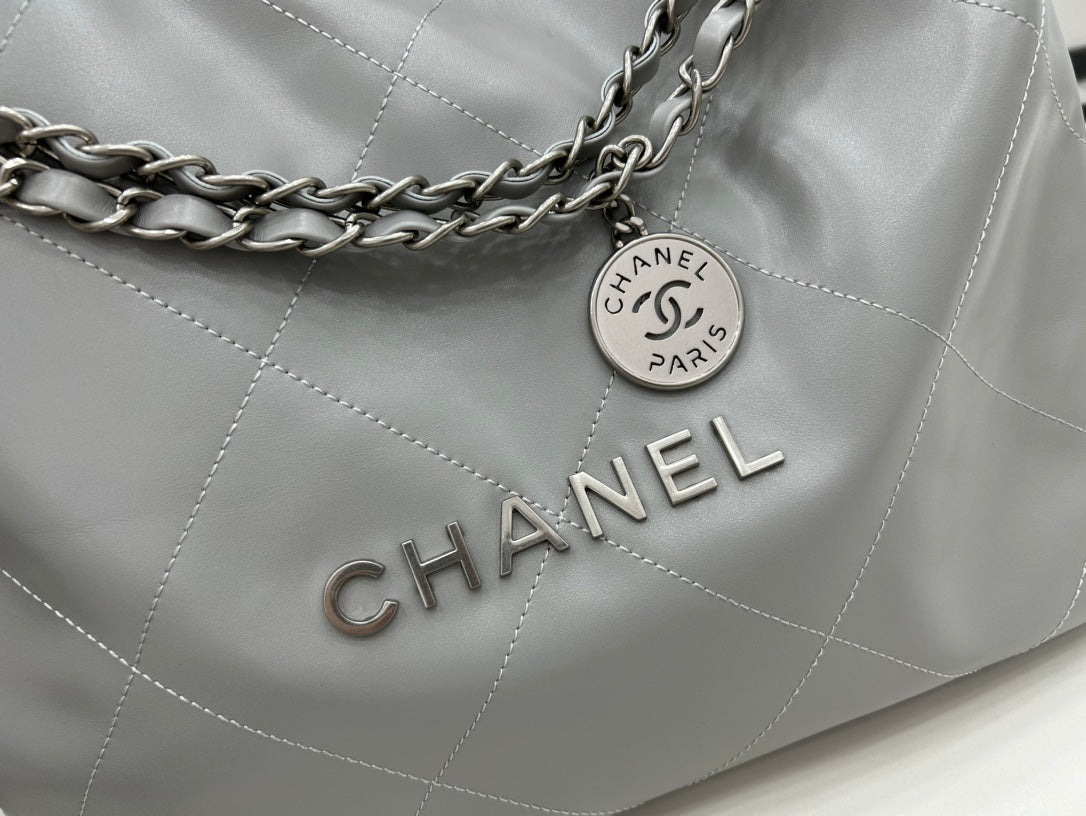 CHANEL LARGE 42 HANDBAG IN GREY CALFSKIN SILVER HARDWARE