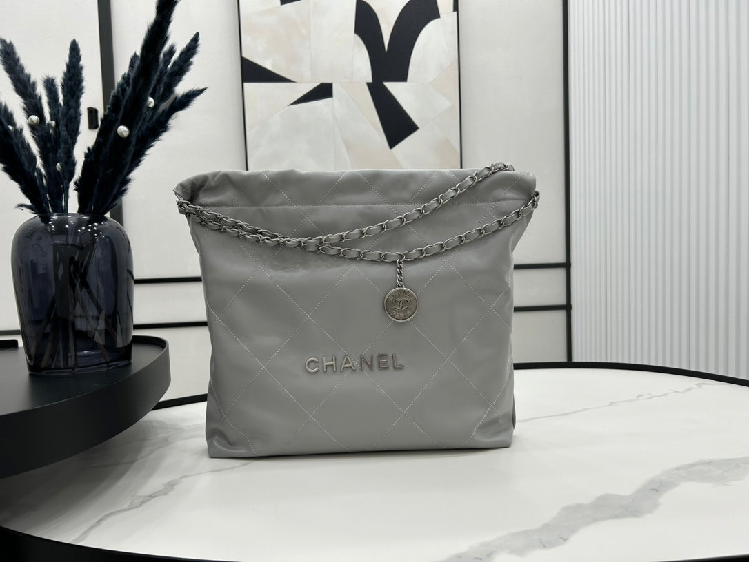 CHANEL LARGE 42 HANDBAG IN GREY CALFSKIN SILVER HARDWARE