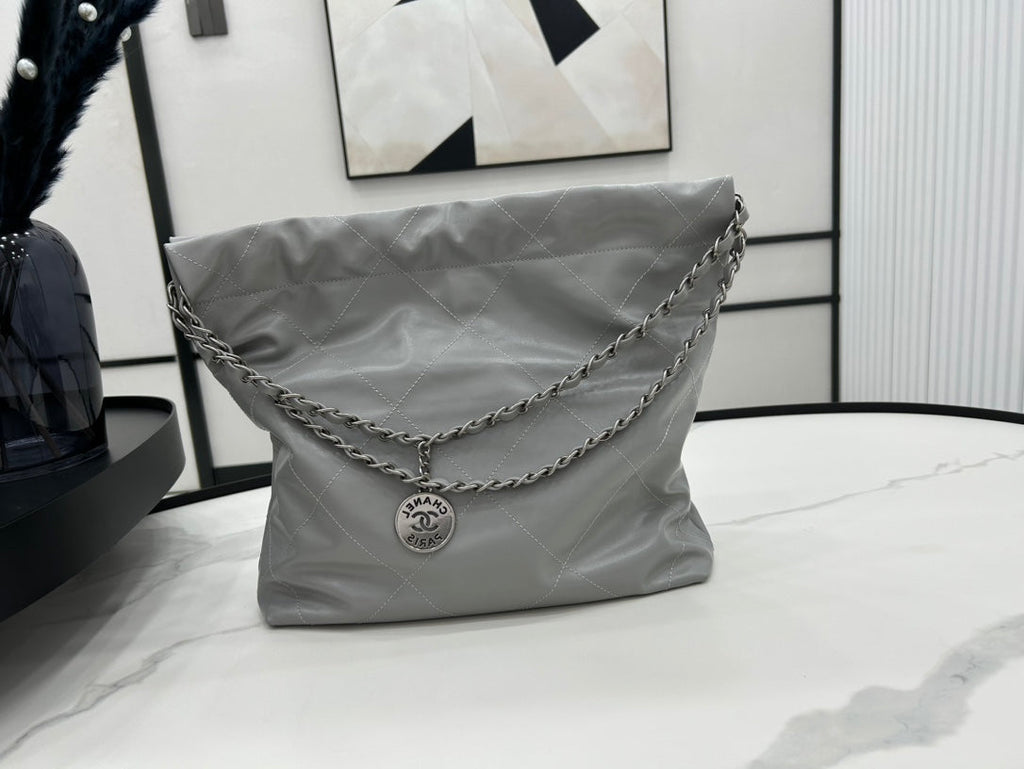 CHANEL MEDIUM 37 HANDBAG IN GREY CALFSKIN SILVER HARDWARE