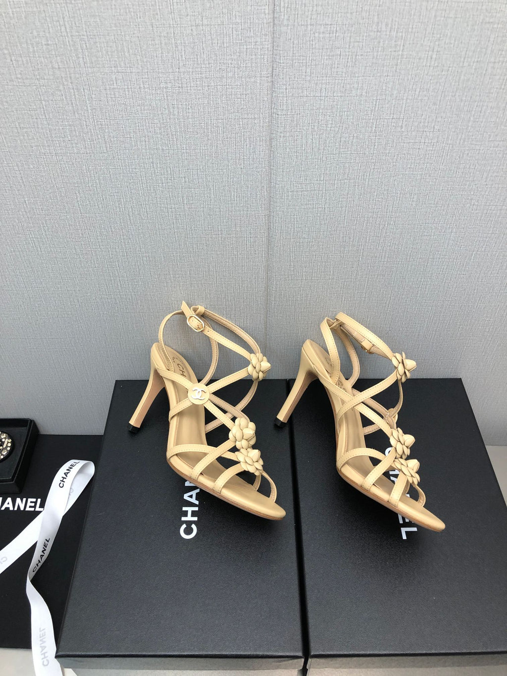 CHANEL FLORAL HIGH HEEL SANDAL IN SAND YELLOW LAMBSKIN