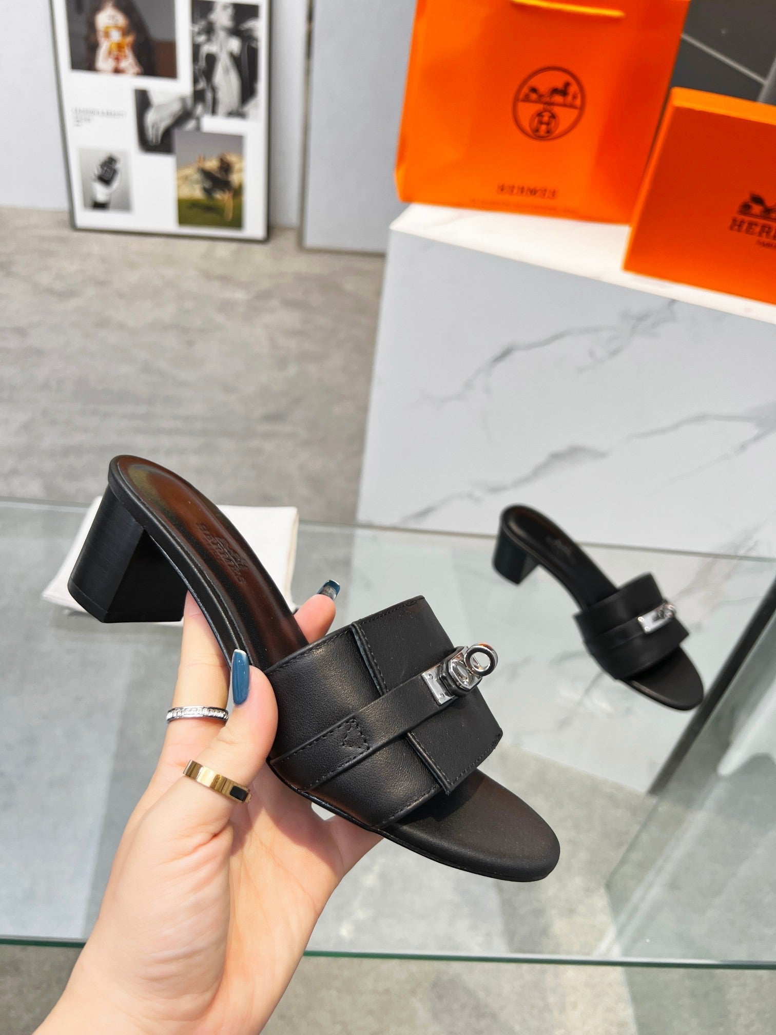 HERMES Gigi 50 Sandal Black Calfskin
