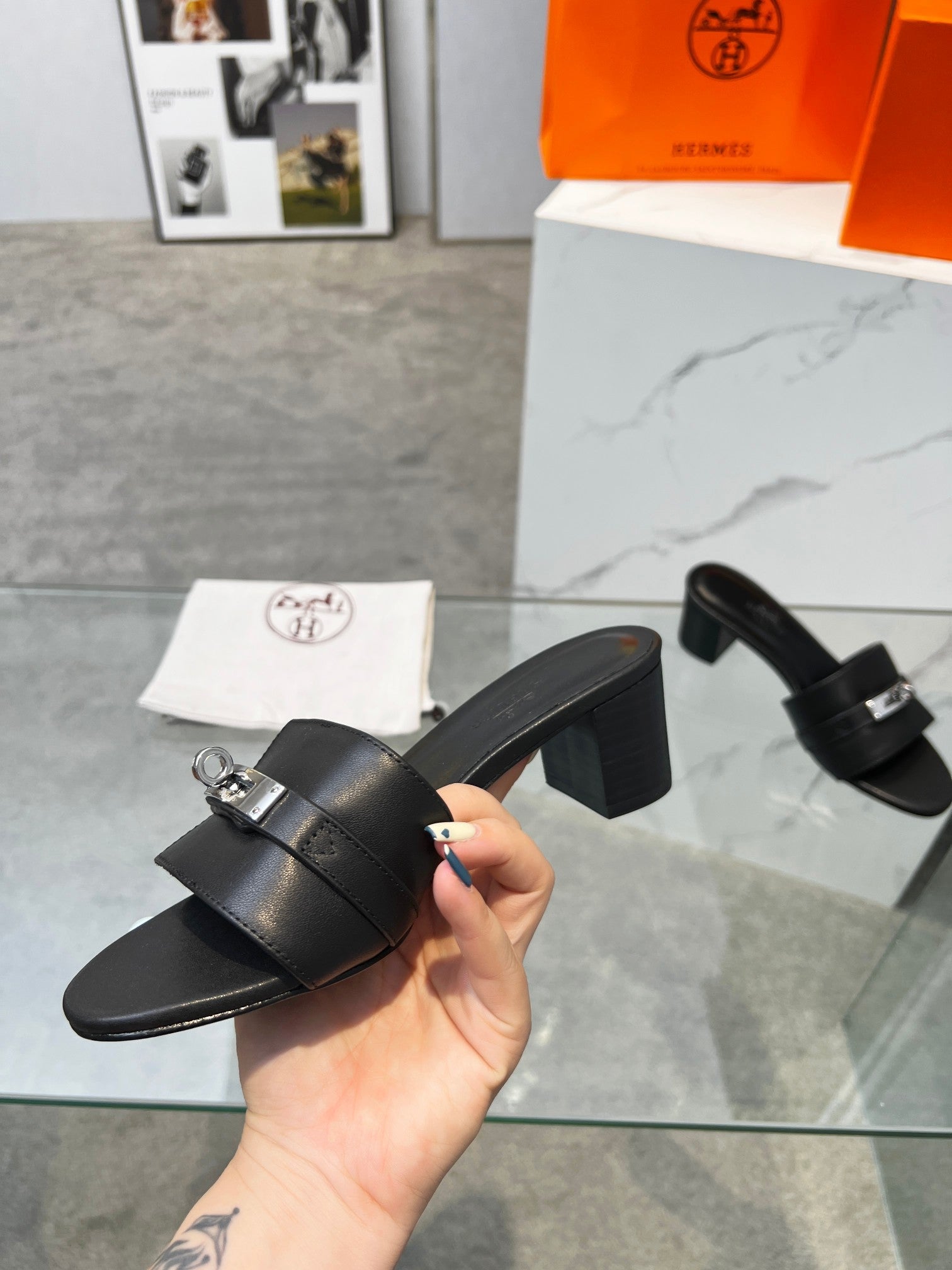 HERMES Gigi 50 Sandal Black Calfskin