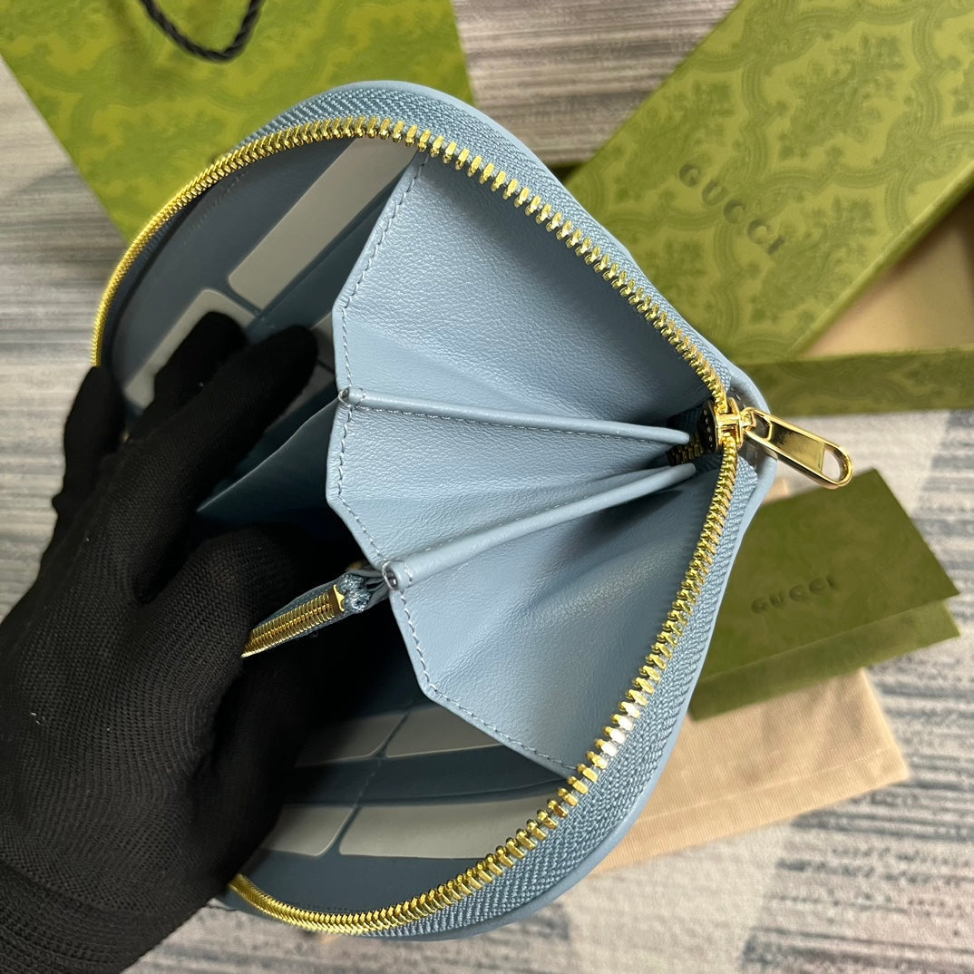 GUCCI BLONDIE 21 FULL ZIP WALLET IN BLUE PASTEL CALFSKIN