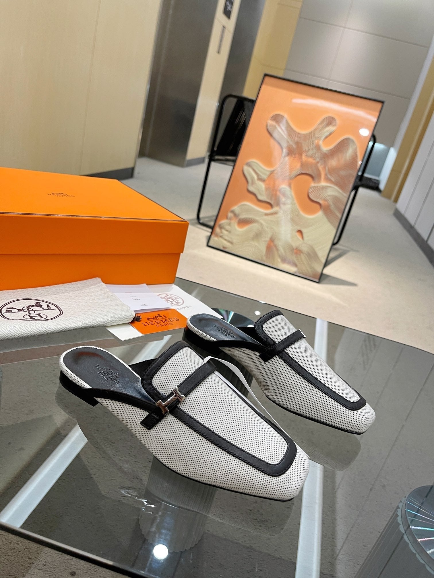 HERMES GROUPIE MULE BLACK MIX SILVER LAMBSKIN