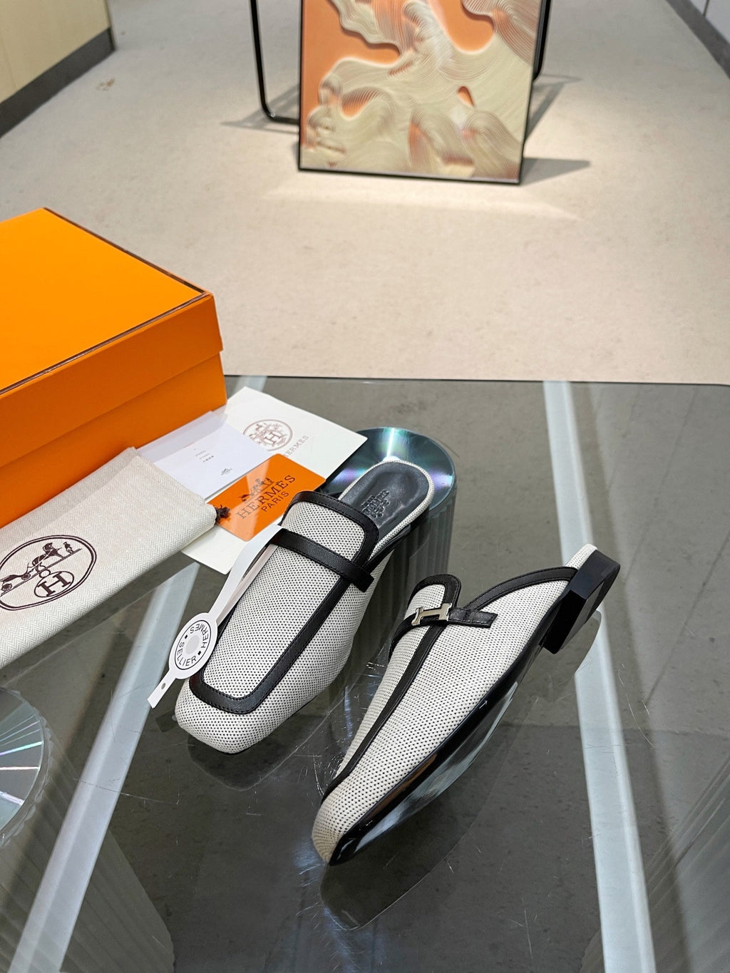 HERMES GROUPIE MULE BLACK MIX SILVER LAMBSKIN