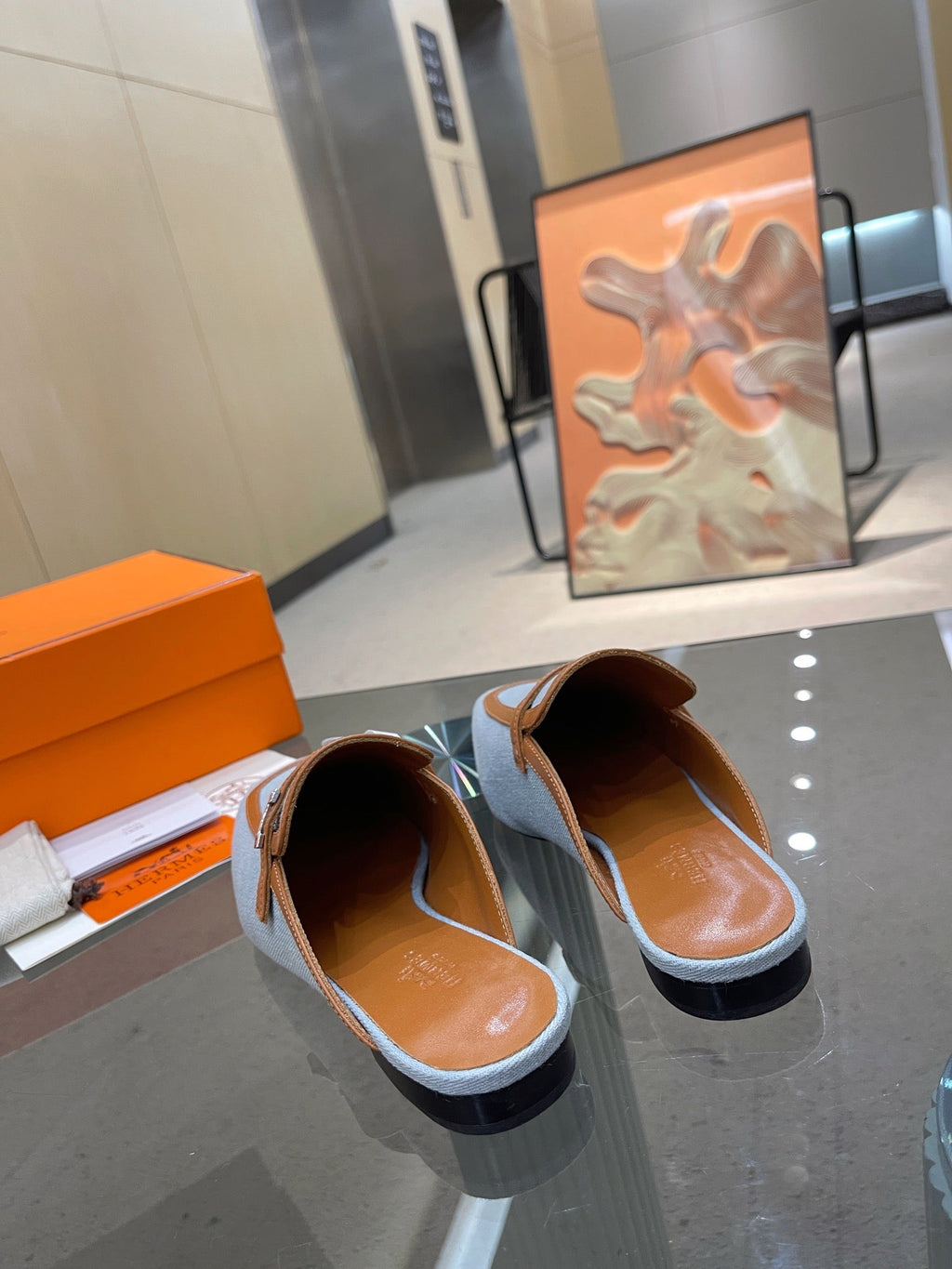 HERMES GROUPIE MULE TAWNY MIX SKY LAMBSKIN