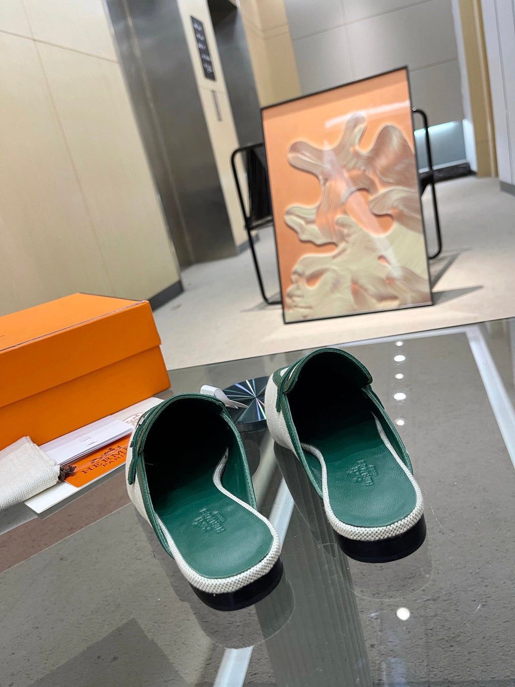 HERMES GROUPIE MULE OCEAN MIX SILVER LAMBSKIN