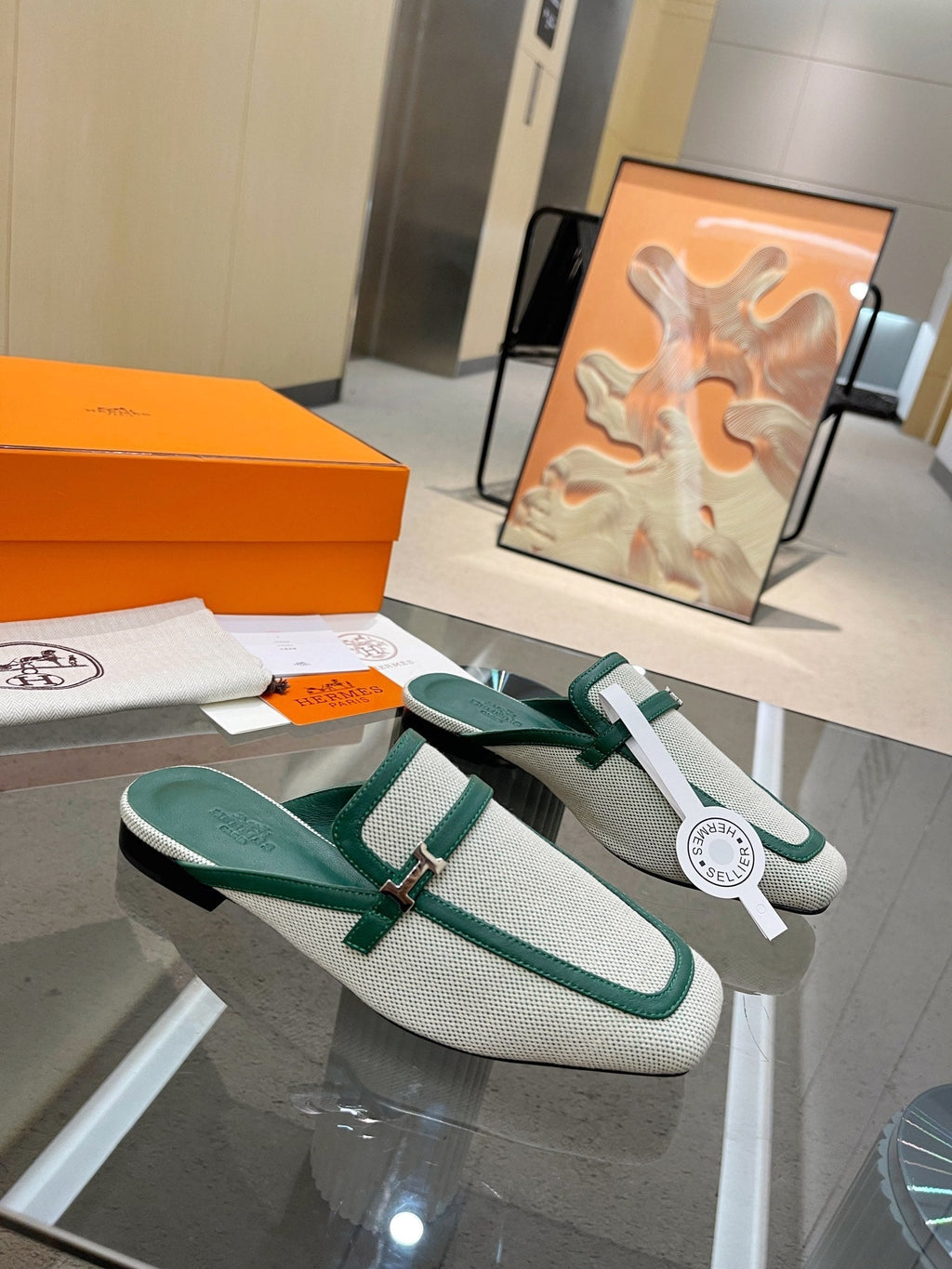 HERMES GROUPIE MULE OCEAN MIX SILVER LAMBSKIN