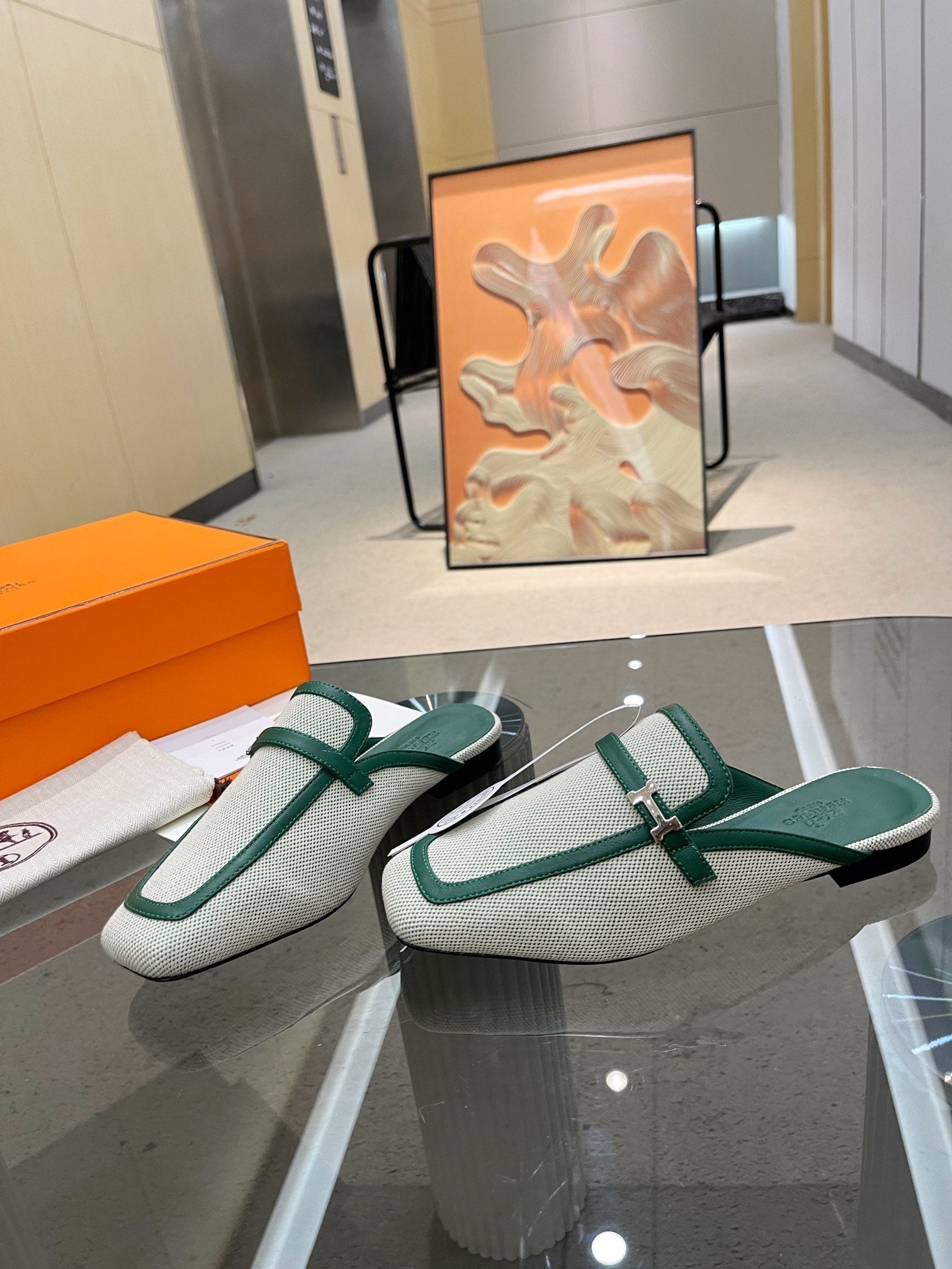 HERMES GROUPIE MULE OCEAN MIX SILVER LAMBSKIN