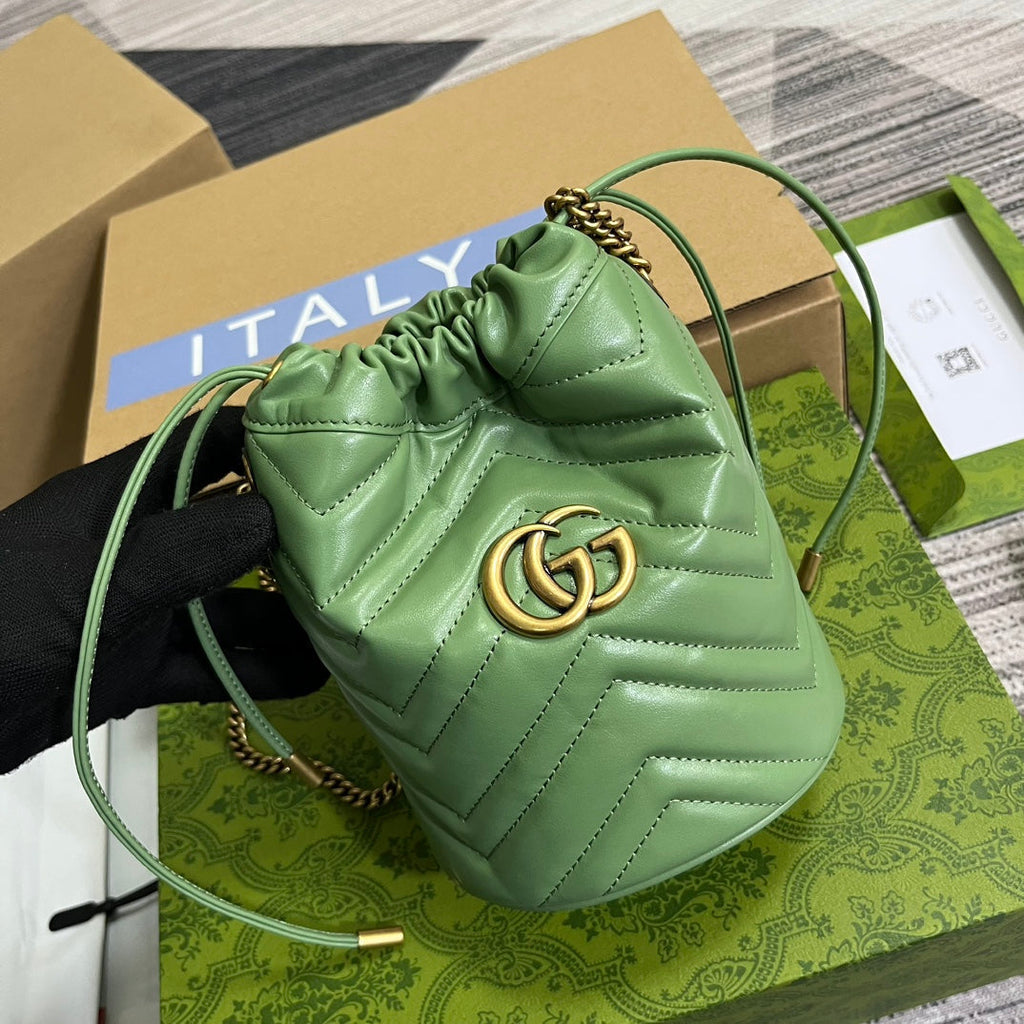GUCCI MARMONT 17 BUCKET BAG IN LIGHT GREEN CALFSKIN