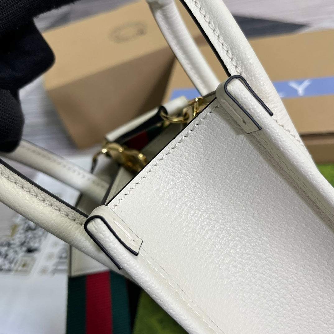 GUCCI MINI 20 ANIMAL PRINTED TOTE IN BEIGE CANVAS AND WHITE CALFSKIN
