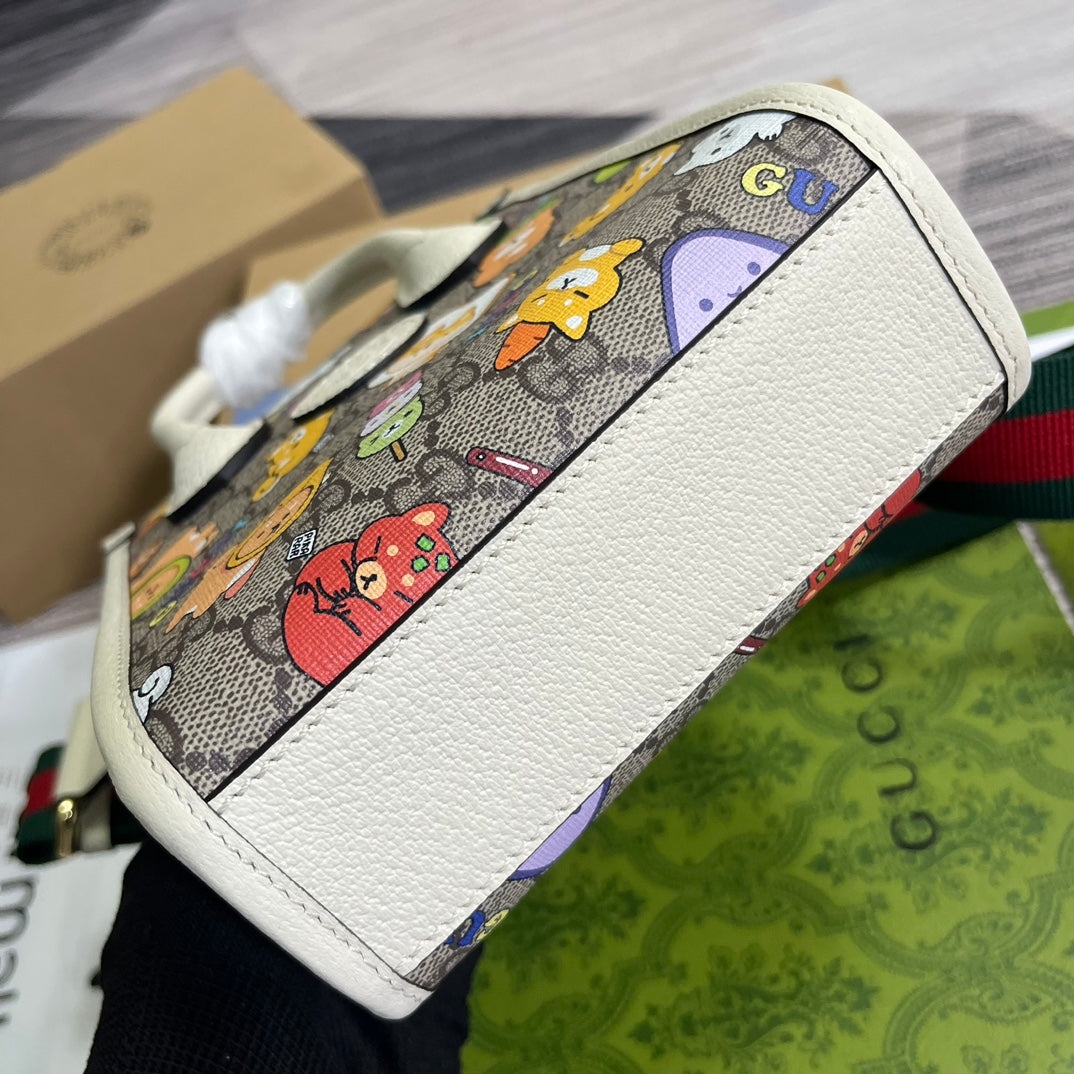 GUCCI MINI 20 ANIMAL PRINTED TOTE IN BEIGE CANVAS AND WHITE CALFSKIN