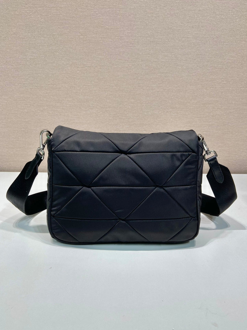PRADA MEDIUM FLAP BAG 24 IN BLACK TRIANGULAR QUILTED PATTERN RE-NYLON