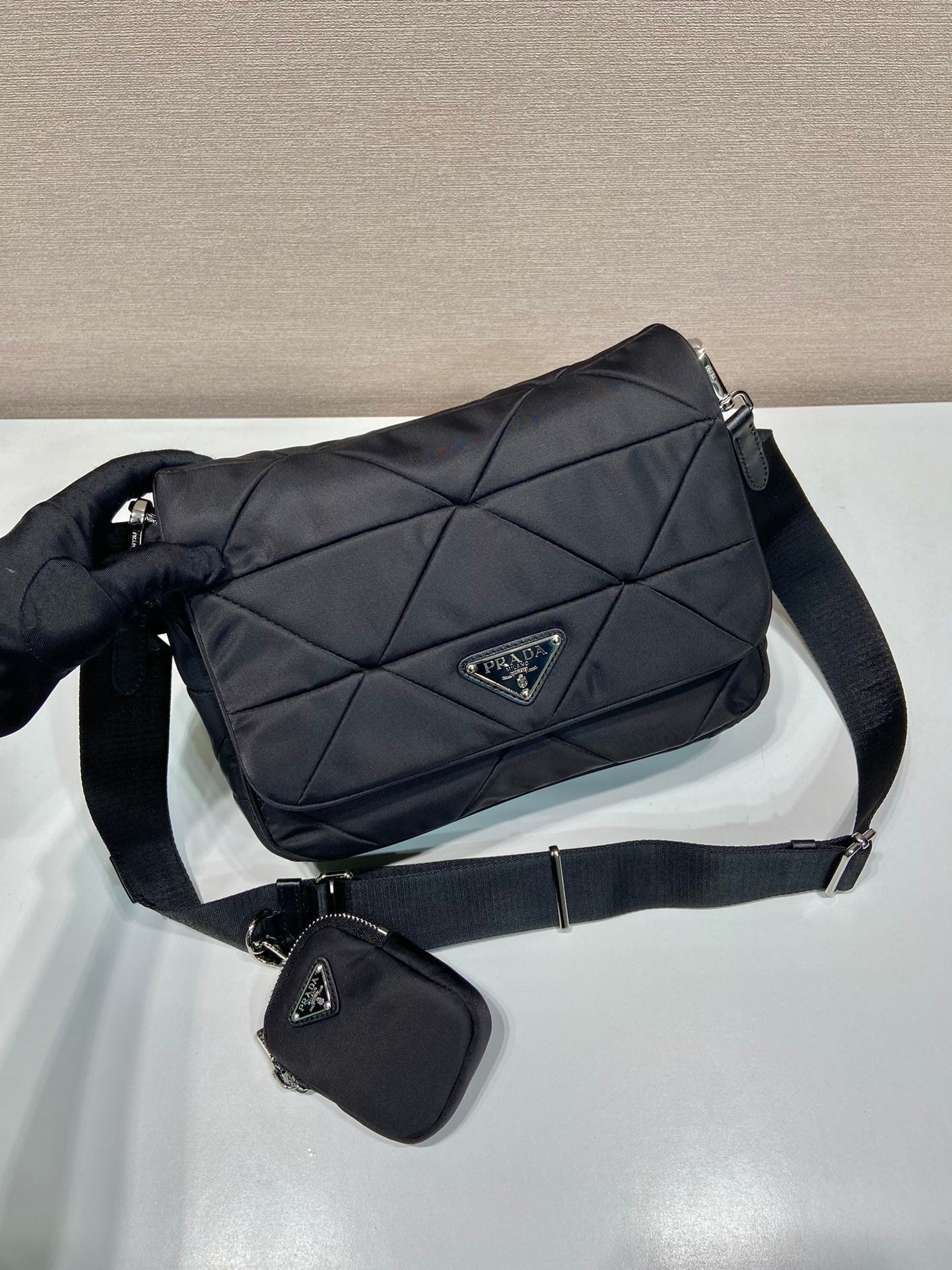 PRADA MEDIUM FLAP BAG 24 IN BLACK TRIANGULAR QUILTED PATTERN RE-NYLON