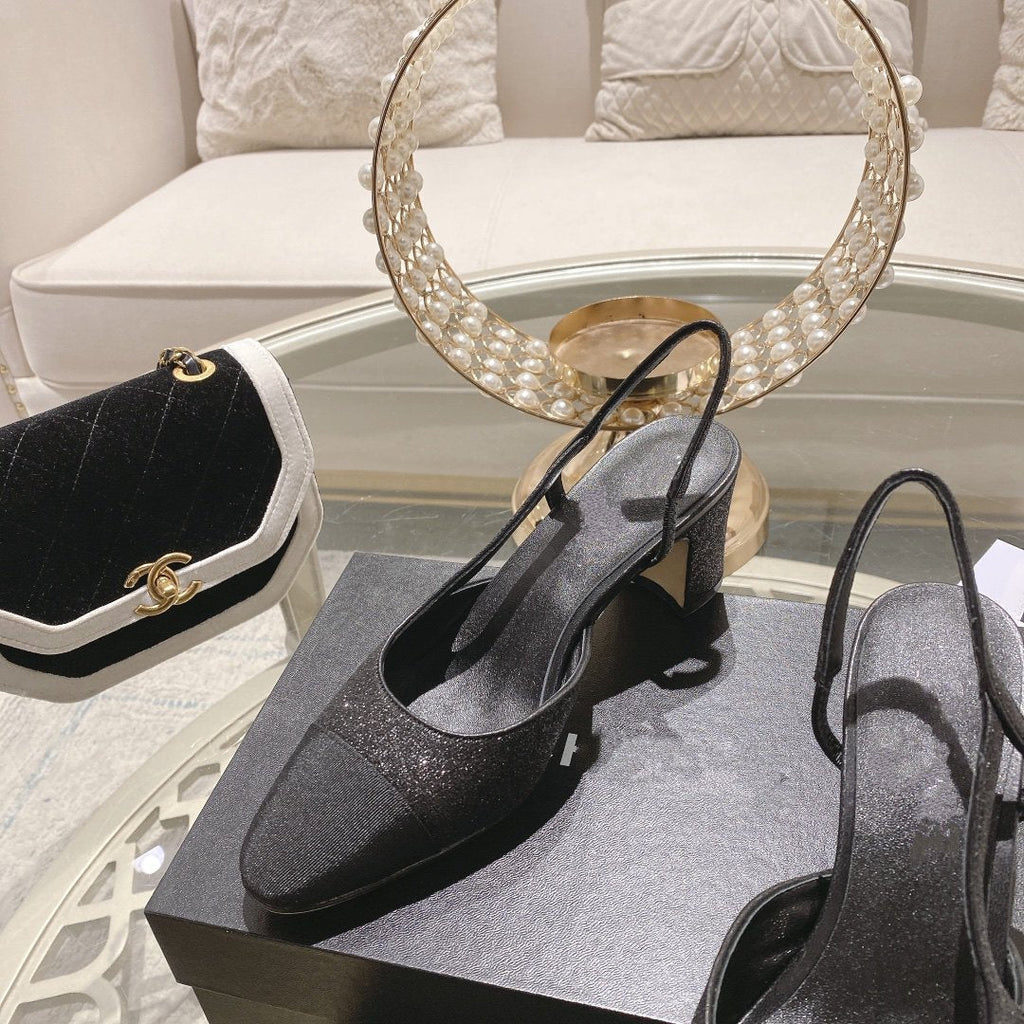 CHANEL slingback 6.5 glitter black grosgrain