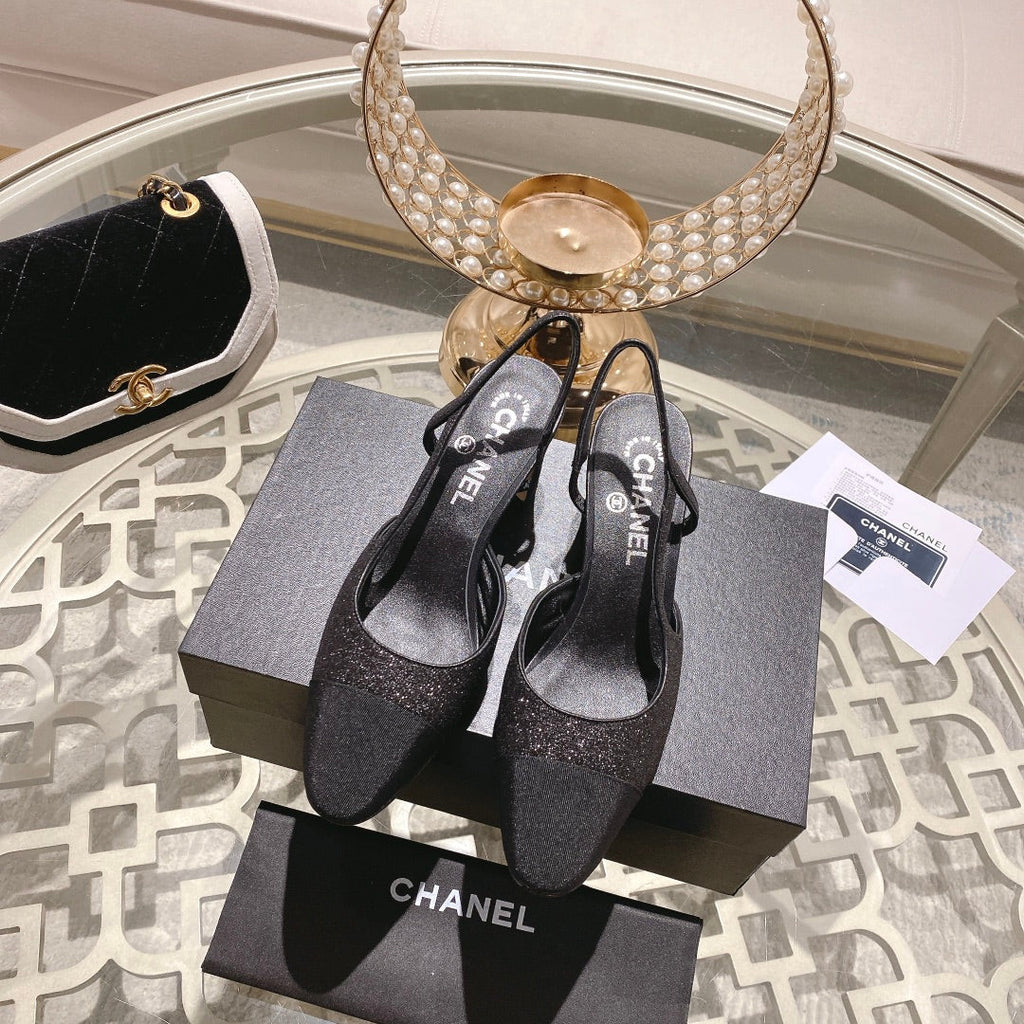 CHANEL slingback 6.5 glitter black grosgrain