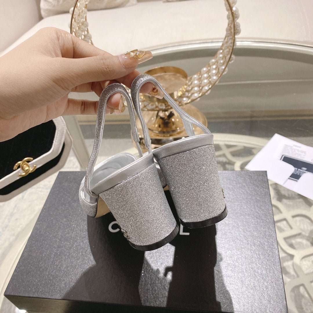 CHANEL slingback 6.5 glitter silver black grosgrain