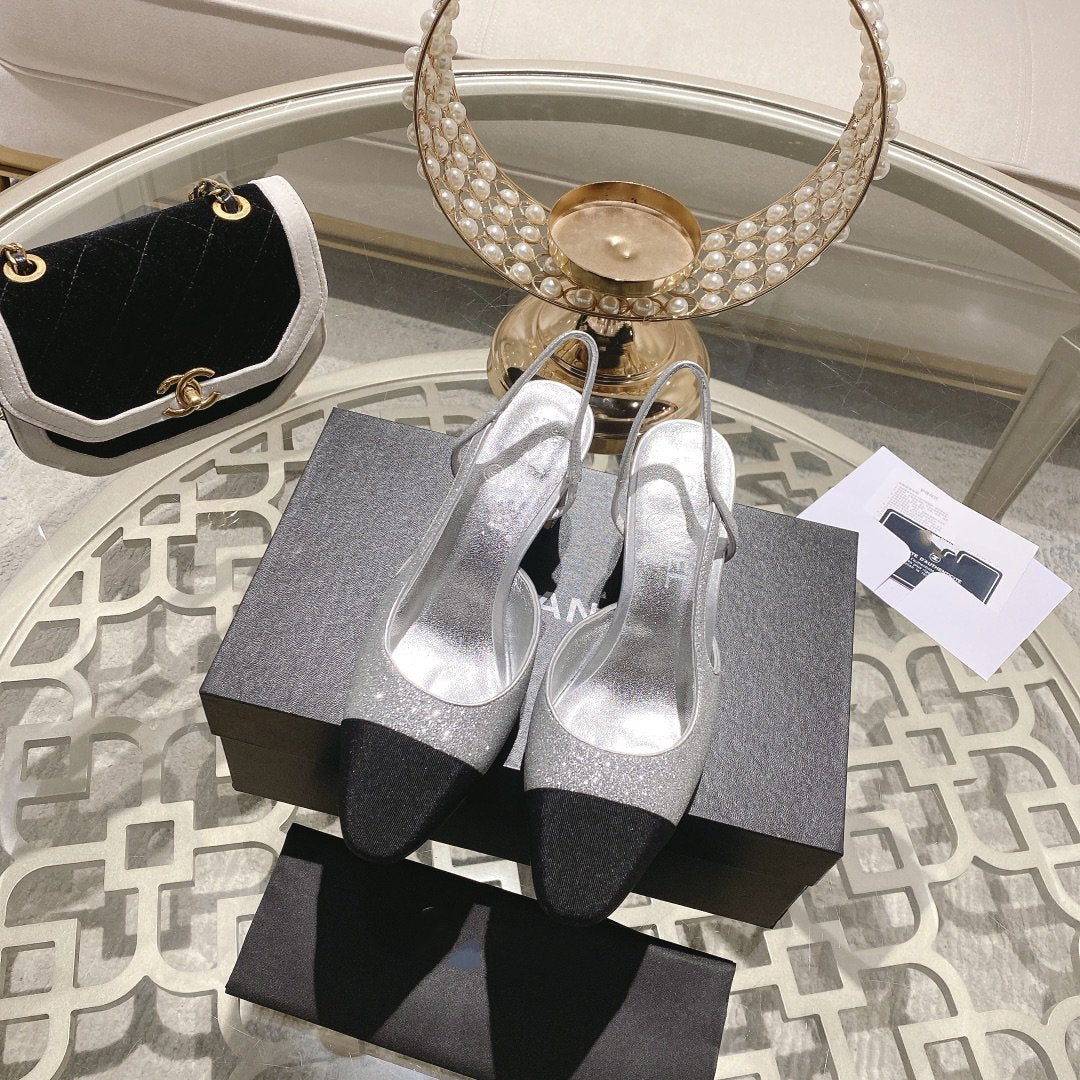 CHANEL slingback 6.5 glitter silver black grosgrain