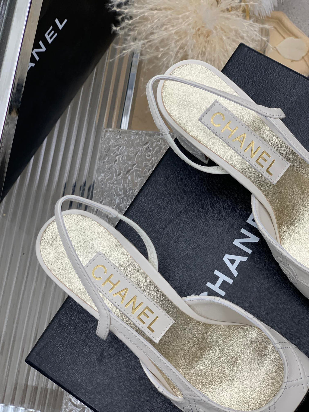 CHANEL HIGH SLINGBACKS 65 WHITE MIX BLACK CALFSKIN