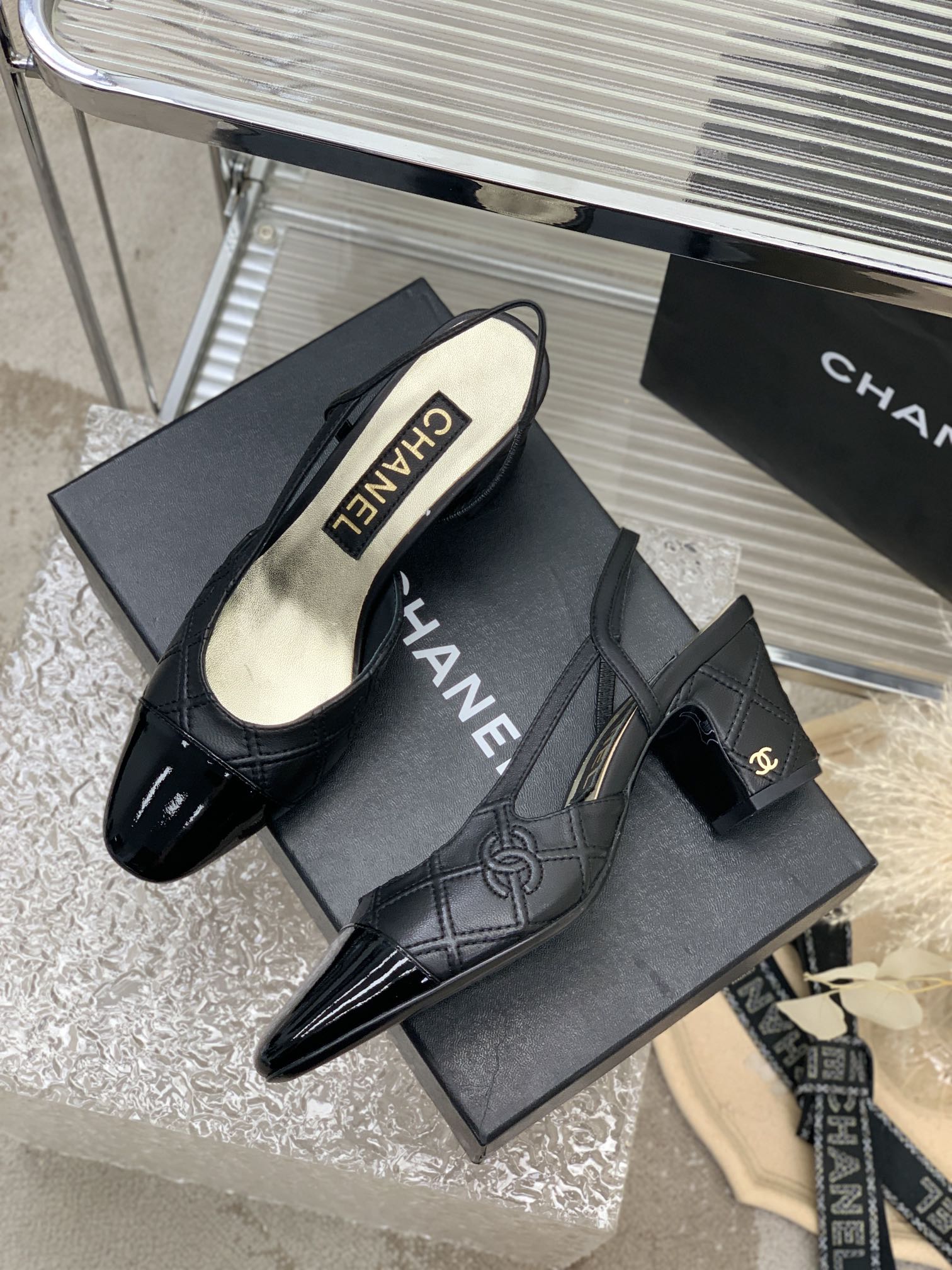 CHANEL HIGH SLINGBACKS 65 BLACK CALFSKIN