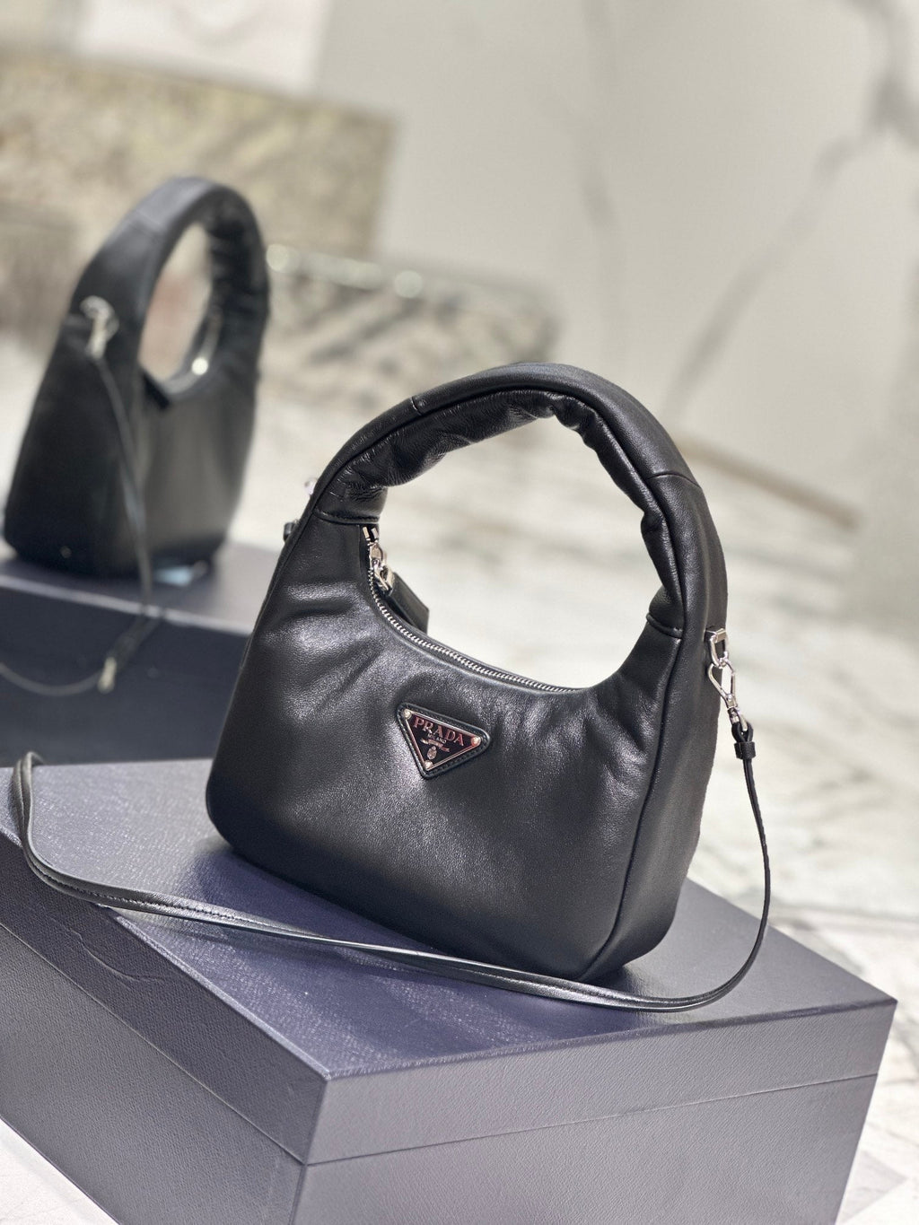 PRADA HOBO BAG 21 IN BLACK SOFT LAMBSKIN