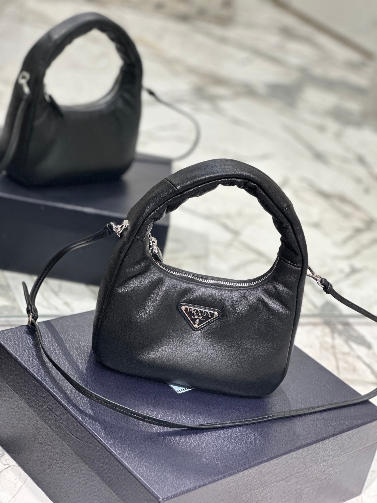PRADA HOBO BAG 21 IN BLACK SOFT LAMBSKIN