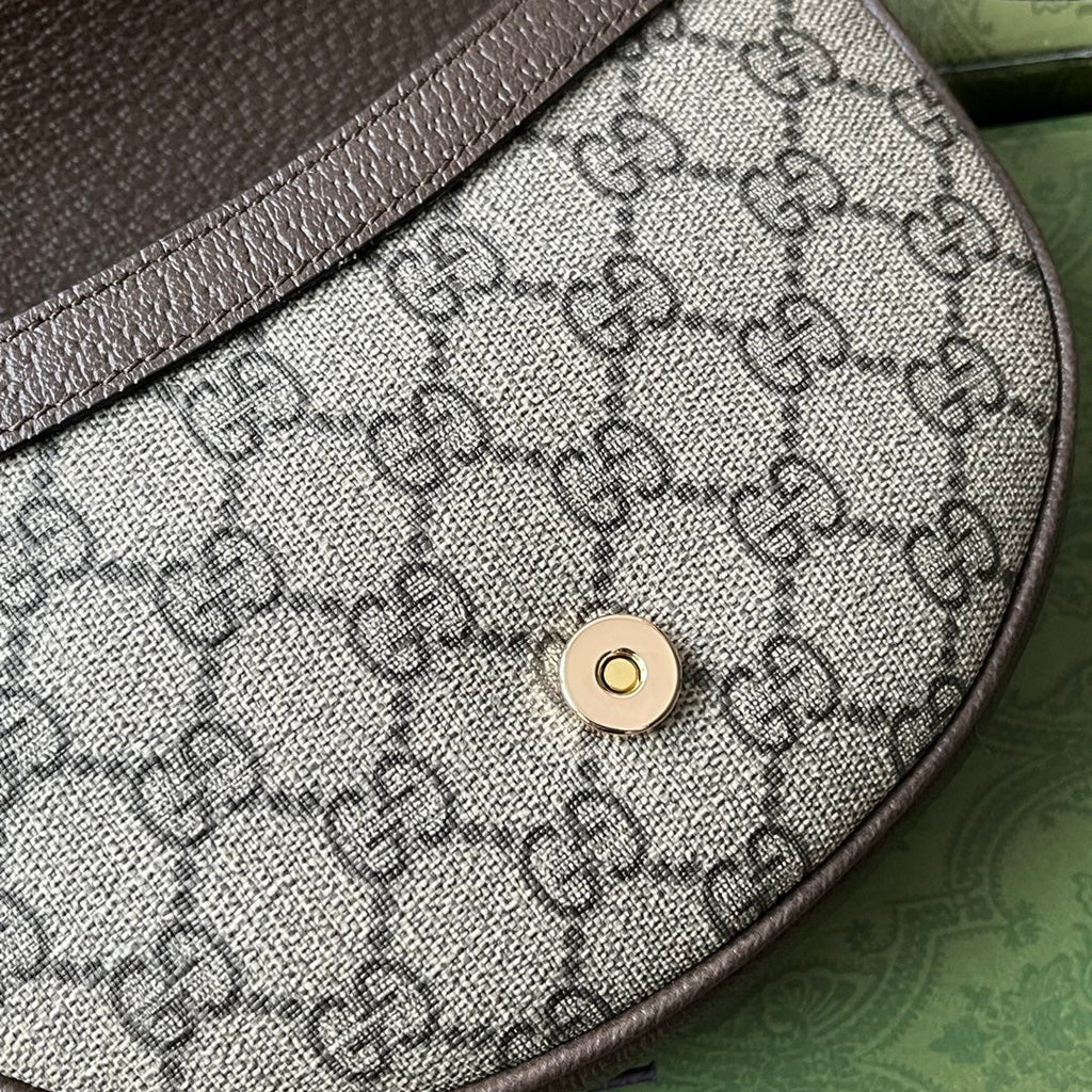 GUCCI OPHIDIA MINI SHOULDER BAG 20 WITH WEB IN BEIGE EBONY CANVAS MIX BROWN CALFSKIN