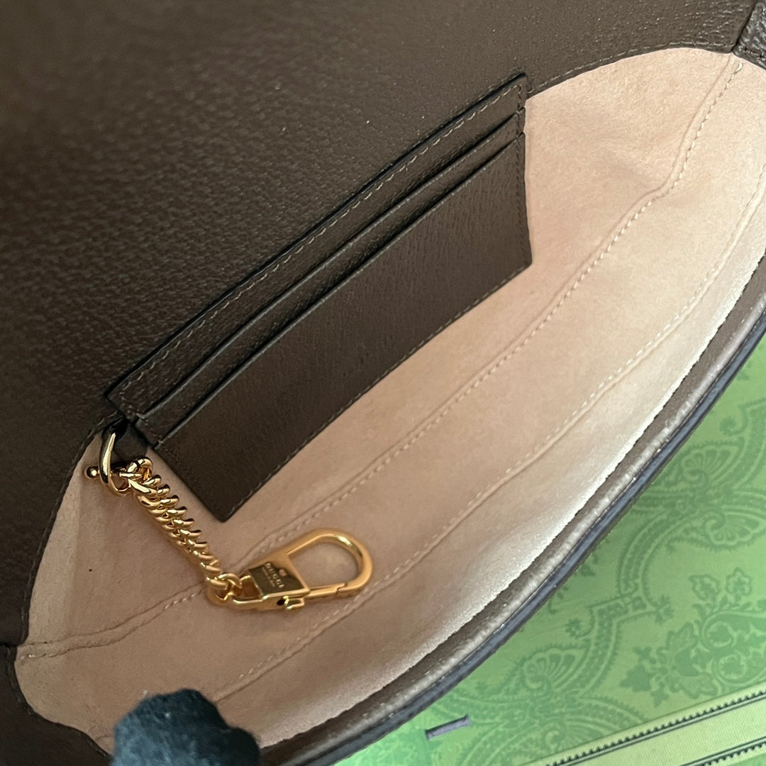 GUCCI OPHIDIA MINI SHOULDER BAG 20 WITH WEB IN BEIGE EBONY CANVAS MIX BROWN CALFSKIN