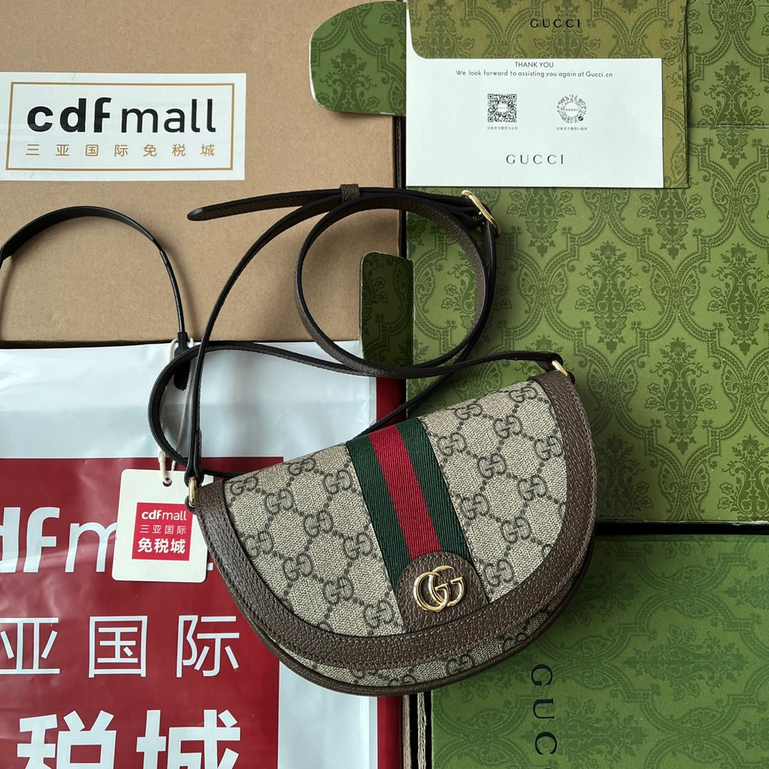 GUCCI OPHIDIA MINI SHOULDER BAG 20 WITH WEB IN BEIGE EBONY CANVAS MIX BROWN CALFSKIN