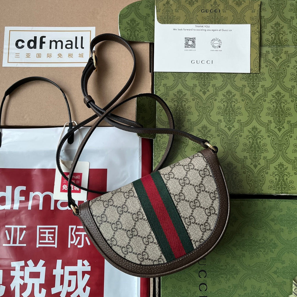 GUCCI OPHIDIA MINI SHOULDER BAG 20 WITH WEB IN BEIGE EBONY CANVAS MIX BROWN CALFSKIN