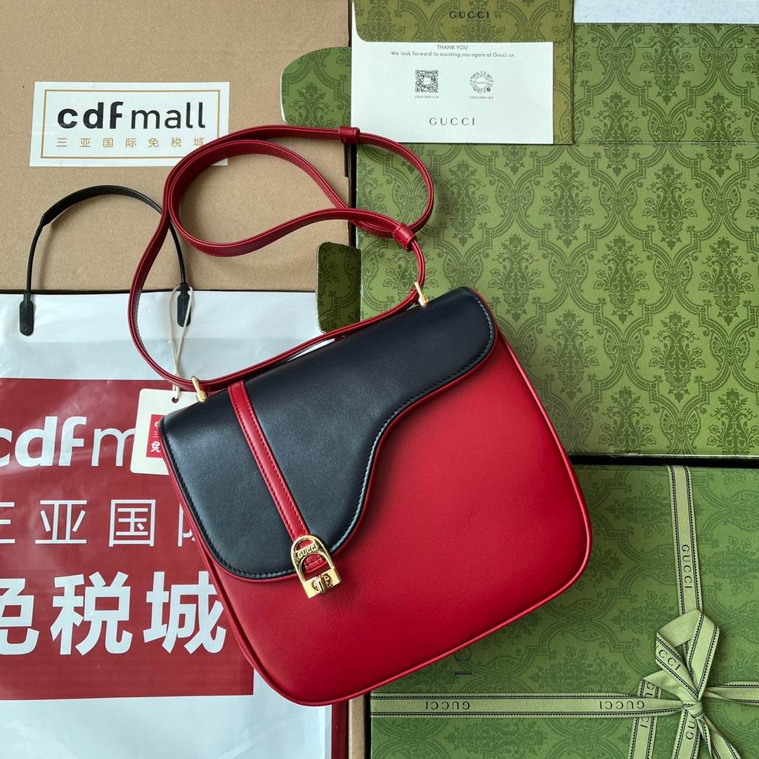 GUCCI EQUESTRIAN STYLE SHOULDER BAG 21 IN RED MIX BLACK CALFSKIN GOLD HARDWARE