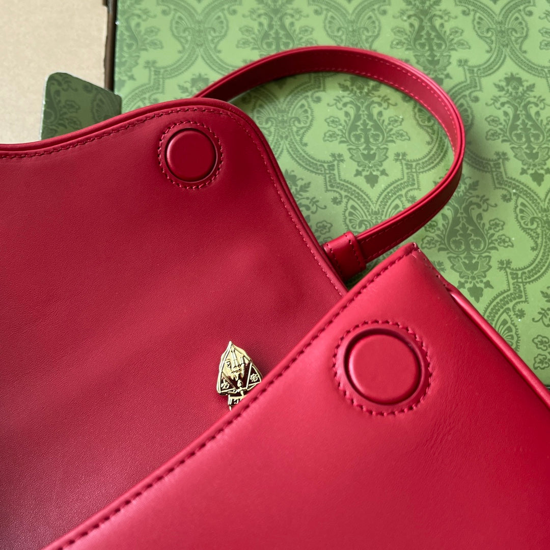 GUCCI EQUESTRIAN STYLE SHOULDER BAG 21 IN RED MIX BLACK CALFSKIN GOLD HARDWARE